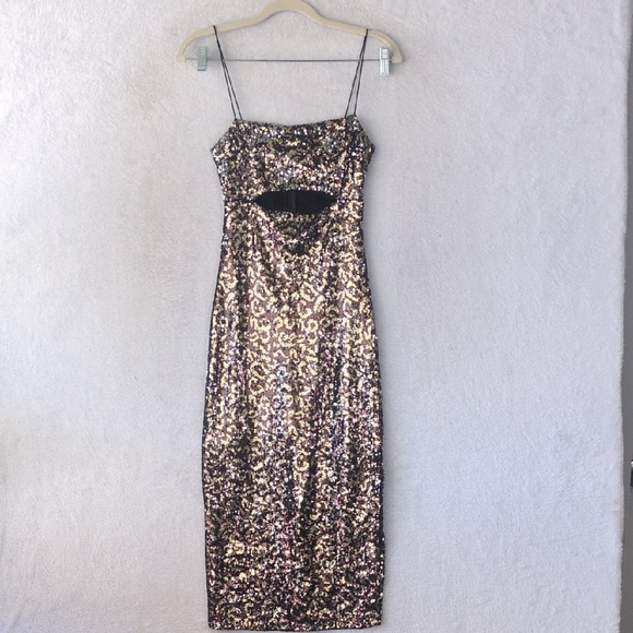 OLIVACEOUS Women's Brown Sequin Cutout Formal Bodycon Midi Dress‎ Size S - Picture 1 of 8
